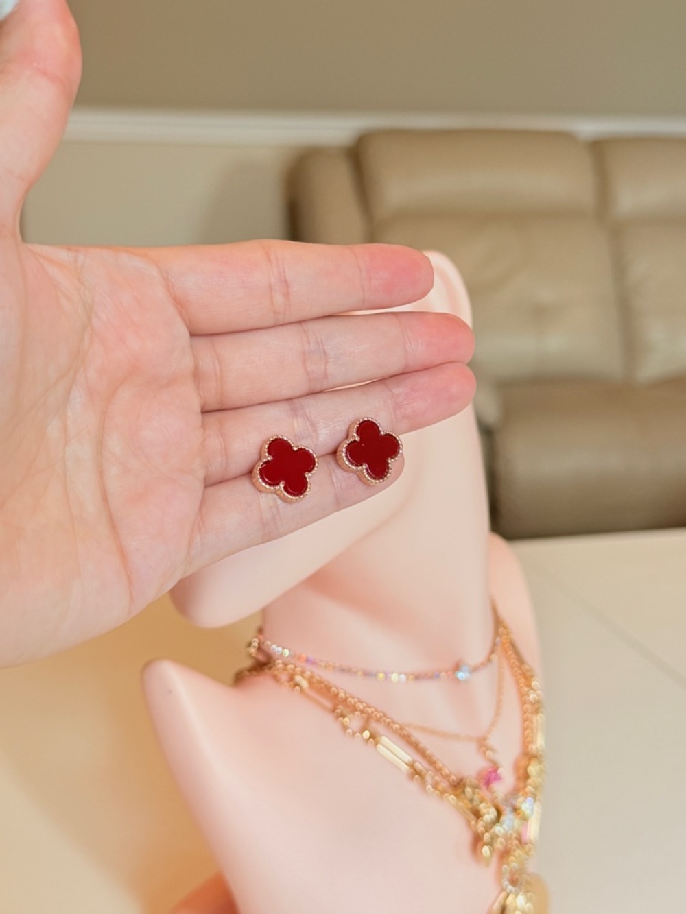 Gold Red Clover Stud Earrings - Picture 9 of 11